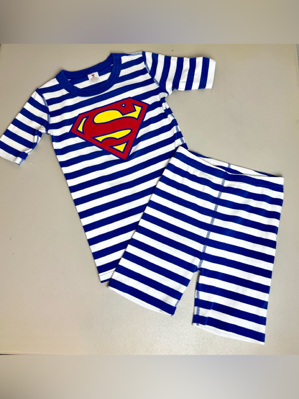 Hanna Andersson Superman Boys Blue White Striped Short Pajamas Set Size 12